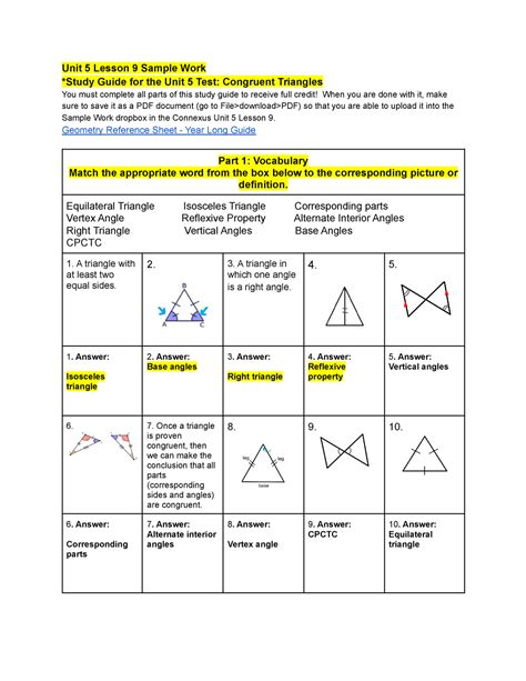 Copy of U5L9 Sample Work Test Study Guide Geometry A Unit 5