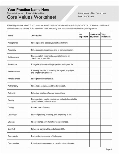 Core Values Worksheets