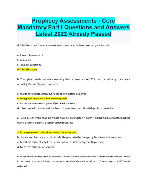 Core mandatory part 1 answers quizlet. Study with Quizlet and memorize flashcards containing terms like Which statement is accurate concerning the portability of advanced healthcare directives, Which of the following statements is NOT accurate regarding signs of abuse, Hostile work environment sexual harassment involves harassment by and more. 