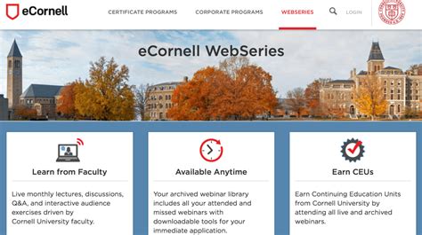 Cornell online programs. Online Certificate Programs. Cornell offers over 150 professional certificate programs in topic areas ranging from business and leadership, to hospitality, to technology and data science, delivered online through eCornell. These microcredentials provide a great way for lifelong learners across the world to master targeted skills in a few months. 