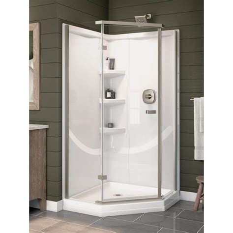 Corner shower kits complete with base walls and door. Corner shower kit includes 2 obscure glass fixed panels, 2 obscure glass sliding panels, with chrome door frame and hardware, white corner textured shower base, and a 3 piece white polystyrene shower wall kit; Sliding door with a central opening in a mistelite glass pattern; Drain included; 15-3/4 in. drain center 