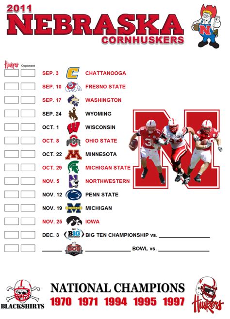 FUTURE Nebraska Football Schedules. View the 2022 Nebraska Football Schedule at FBSchedules.com. The Cornhuskers football schedule includes opponents, date, time, and TV.. 