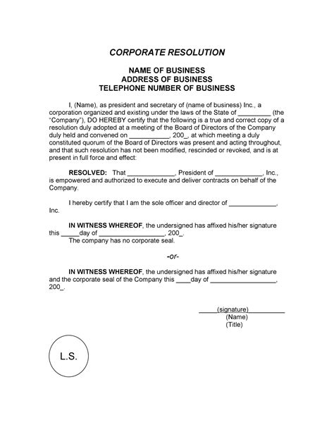 Corporate Resolution Form For Banks