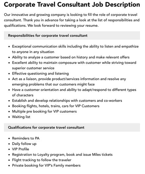 Corporate Travel Coordinator Job Description