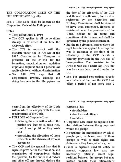 Corporation Law Notes From AQUINO