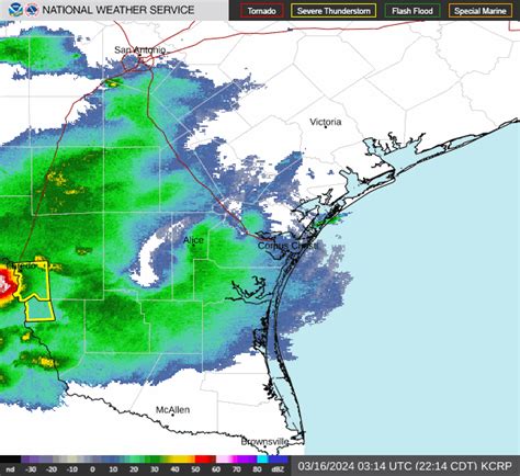 Corpus Christi Radar NEXRAD Station CRP Animate United States Brownsville, TX Region Zoom: update in: 339 sec Radar Total Precip. Storm Tracks Select Count Severe Labels Smoothing Hide... . 