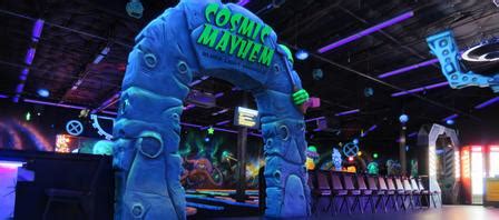 Cosmic mayhem. Cosmic Mayhem in San Antonio, TX offers a unique entertainment experience with activities such as blacklight mini golf, axe throwing, retro arcade games, billiards, and a bar. Owned by a veteran and operated by a family, Cosmic Mayhem provides a fun and engaging environment for visitors to enjoy a range of activities, including special ... 