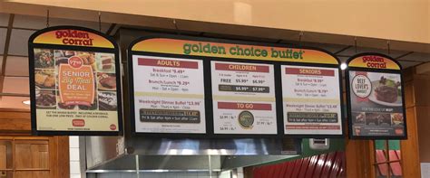 Cost for golden corral. Breakfast Buffet Menu. Rise and shine with our legendary breakfast buffet, featuring cooked-to-order eggs, omelets, bacon, sausage, buttermilk pancakes, crispy waffles, melt-in-your-mouth cinnamon rolls and more! 