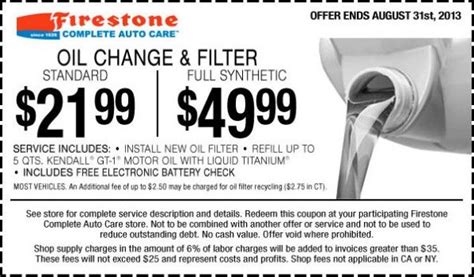 Cost of oil change at firestone. Help take care of your engine and schedule your next oil change in Santa Fe, NM with Firestone Complete Auto Care. Toggle navigation. Firestone Complete Auto Care 1.800.752.0379. Schedule an Appointment; Contact Us; ... Message and data rates may apply. Text STOP to cancel, text HELP for help. By texting BRIDGESTONE, you agree to … 