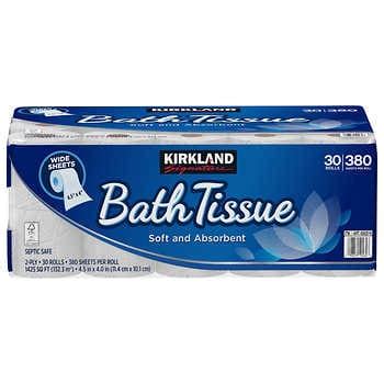 Costco bath tissue. Kirkland Signature Ultra Soft Bath Tissue, 2-Ply, 231 Sheets, 36 Rolls. $29.99. Charmin Ultra Strong Bath Tissue, 2-Ply, 220 Sheets, 30 Rolls. $33.49. Charmin Ultra Soft Bath Tissue, 2-Ply, 213 Sheets, 30 Rolls. Online Only. 