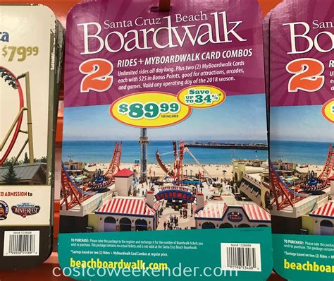 Costco beach boardwalk tickets. Here's a tip for saving on Boardwalk FUN! Now on Costco.com, pick up a Santa Cruz Beach Boardwalk "Two Pack" that includes TWO Attractions Plus Unlimited Rides tickets for only $54.95 (reg $36.95 ea). Each ticket also includes a choice of 2 attractions plus coupons for other FREE STUFF! 