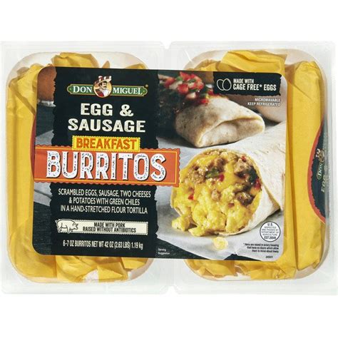 Costco breakfast burritos. Cooking Instructions:Step 1:Remove wrapper and place burrito on a microwave-safe plate.Step 2:1100 watt microwave.Microwave on high for 1 minute. Flip burrito and heat for additional 1 minute. Let cool. Keep frozen. Warnings. Contains: eggs, milk, wheat. Nutrition. Nutrition Facts. Serving Size 170.00 g. Servings Per Container 8. 
