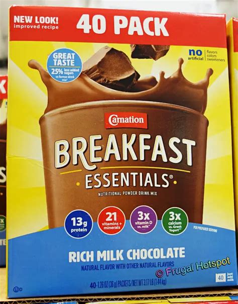 Costco carnation instant breakfast. Carnation Instant Breakfast with milk has significant quantities of essential vitamin and minerals: 50 percent of the recommended daily allowance for calcium, 25 percent RDA for iron, 45 percent RDA for vitamin A, about 25 percent of RDA for several B vitamins, and 50 percent RDA for vitamin C, according to the USDA Dietary … 