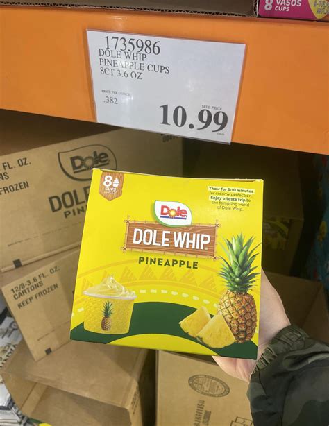 Costco dole whip. Product Details. Pineapple Chunks. In 100% pineapple juice. #10 can. 6 lbs 10 oz can. More Information: No sugar added. Kosher. 