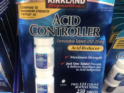 1 offer from $12.99. Kirkland Signature Acid Controller, 20 Mg Famotidine Tablet, 170 Tablets. 4.7 out of 5 stars. 727. 15 offers from $13.98. Berkley and Jensen Acid Controller Maximum Strength Famotidine Tablets 20 mg Acid Reducer 100 Tablets Per Bottle (Pack of 2) 4.8 out of 5 stars. 2,955. 17 offers from $8.99.. 