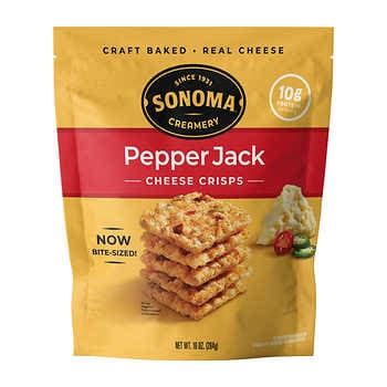 Costco pepper jack crisps. Since 1931. rBST free (No significant difference has been shown between milk derived from rBST-treated and non rBST-treated cows). Sonoma Creamery Pepper Jack Crisps are lightly baked crunchy real cheese snacks. Based on our famous Sonoma Hot Pepper Jack recipe, we bake in 10-month aged parmesan and a sprinkling of gluten-free grains. 