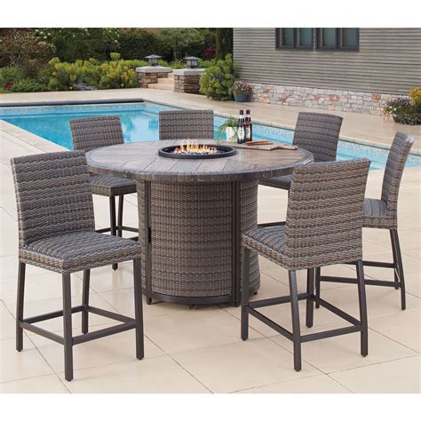 Sign In For Price. $2,999.99. Grand Leisure Las Palmas 4-piece Fire Outdoor Seating Set. Includes Loveseat, Two Swivel Glider Club Chairs, 55,000 BTU Fire Table. Hand-woven All-Weather Wicker Is Resistant to Fading, Stains, Mildew and Stretching. Cushions and Pillows Are Made with Sunbrella® Fabric That Is Resistant to Stains, Mildew, Chlorine ....