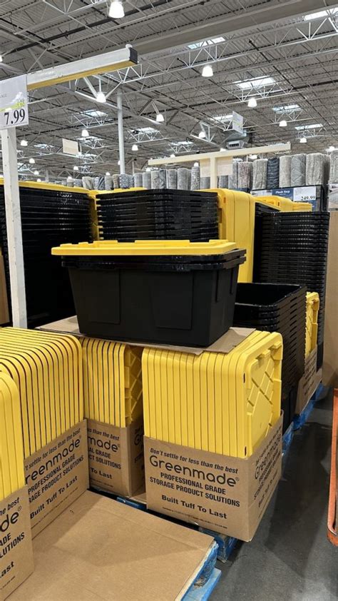 Costco yellow and black bins. Each sturdy channel can store four 27-gallon tote/bin with a load capacity of 35 lbs per tote. CONVENIENT ADJUSTABLE RAILS - Designed to be compatible with any tote or bin on the market, the customizable rails can be adjusted to fit any heavy-duty storage bin. We recommend using the 27-gallon black totes with yellow lids for secure storage. 