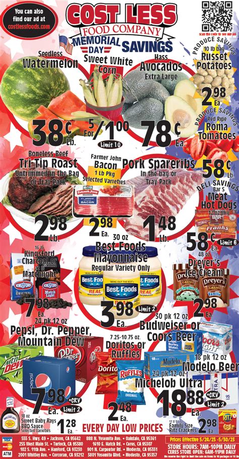 Costless food ad. See the ️ Cost Less Modesto, CA normal store ⏰ opening and closing hours and ☎️ phone number listed on ️ The Weekly Ad! Skip to content. Menu. Menu. ... Get The Early Cost Less Ad Sent To Your Email (CLICK HERE) ! Select a Cost Less location in Modesto, CA. 3801 Yosemite Blvd F. 901 N Carpenter Rd. Cost Less. 3801 Yosemite Blvd F. 