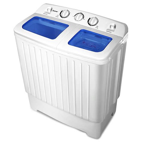 Costway portable mini compact twin tub washing machine spin dryer. Capacity for washing: 8 lbs., capacity for spin: 5 lbs. Length of drainage pipe: 79 in., length of inlet pipe: 52.5 in. Rated voltage: 110-Volt, rated frequency: 60Hz, rated input power for washing: 240-Watt, rated input power for spin: 120-Watt; Package includes: 1x twin tub washing machine, 1x water drainage hose, 1x water inlet hose, 1x user ... 