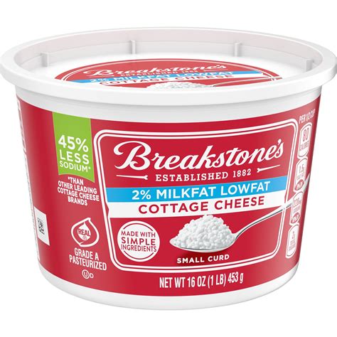 Cottage cheese low sodium. Breakstone's Small Curd 2% Milkfat Lowfat Cottage Cheese with Low Sodium contains 45% less sodium than other leading cottage cheese brands. This small curd cottage cheese is made with cultured pasteurized Grade A skim milk and cream. 2% MilkFat Low Fat Cottage Cheese is always a great choice for a savory snack or side dish. 