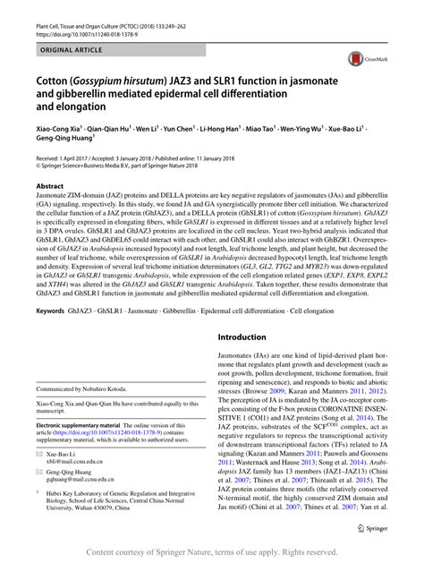 Cotton (Gossypium hirsutum) JAZ3 and SLR1 function in