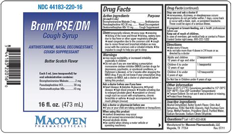 Cough syrup brom pse dm. brompheniramine food. Consumer information for this interaction is not currently available. GENERALLY AVOID: Alcohol may potentiate some of the pharmacologic effects of CNS-active agents. Use in combination may result in additive central nervous system depression and/or impairment of judgment, thinking, and psychomotor skills. MANAGEMENT ... 