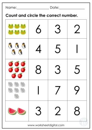 Count and Circle the Numbers Math Worksheets