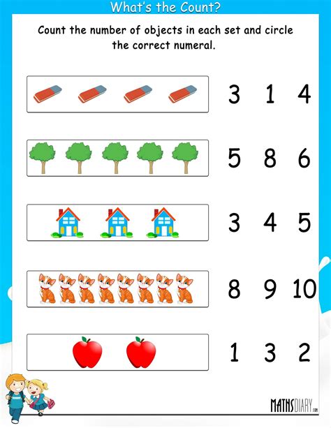 Count the objects in each box and circle the answer. Math Worksheets