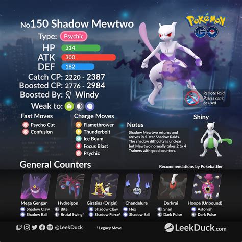 Counters for shadow mewtwo. Shadow Mewtwo is back, and for the first time, you can get yourself not just one or two by battling Giovanni, but as many as you want in the new Shadow Raids. Gotta act fast if you want it, though, as it is available only from May 27th at 10:00am to May 28th at 8:00pm. ... whereas altered really wants to no-shield and dc down as the counter ... 