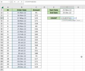 Countifs range.  In order to count the number of cells that fall in a date rang...