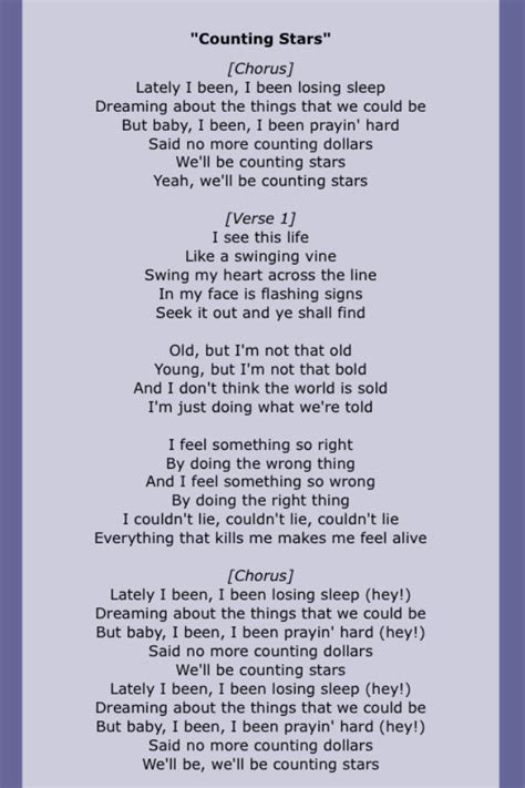 Counting stars lyrics. Things To Know About Counting stars lyrics. 