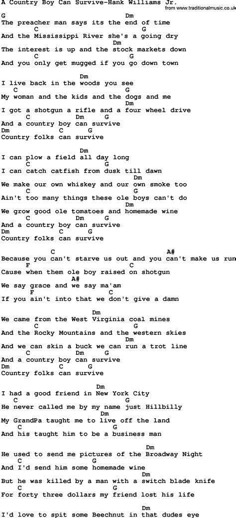 Country boy can survive lyrics. Hank Williams, Jr. Lyrics. "A Country Boy Can Survive". The preacher man says it's the end of time. And the Mississippi River she's a-goin' dry. The interest is up and the Stock … 