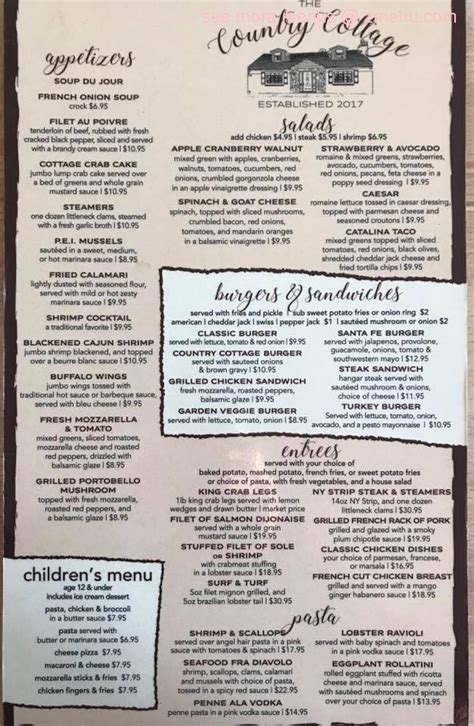 Country cottage menu. Country Cottage Restaurant. starstarstarstarstar_border. 4.2 (283). Rate your experience! $ • American, New American, Vegetarian. Hours: 8AM - 8PM. 1776 Country … 