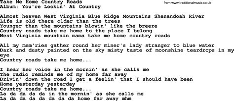 Country roads take me home lyrics. Jun 18, 2023 · 🎵 Follow the official 7clouds playlist on Spotify : http://spoti.fi/2SJsUcZ 🎧 John Denver - Take Me Home, Country Roads (Lyrics)⏬ Download / Stream: https:... 