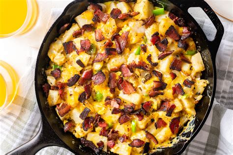 Country skillet. Learn how to make a quick and easy skillet egg dish with bacon, hash browns, cheese and vegetables. This recipe is perfect for a hearty breakfast or brunch. 
