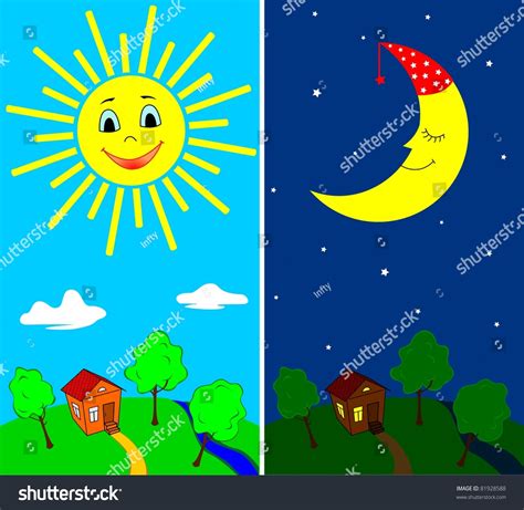 Countryside view in the daytime and nighttime with the sun and the moon