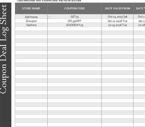 Coupon Deal Log Sheet My Excel Templates