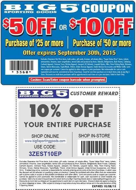 Save up to 50% OFF Promo Codes with Big 5 Free Shipping Code. Use Coupons to receive extra discount on shopping cost. Save an average of $16.09 at big5sportinggoods.com. Get Coupon Codes from Big 5 Sporting Goods now. 