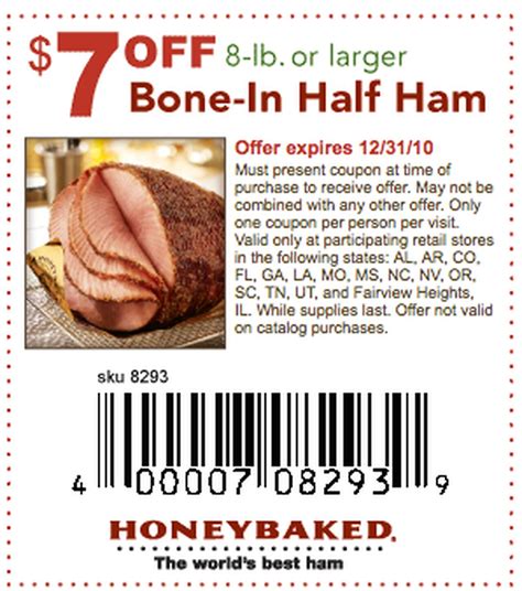 Coupon code for honey baked ham. Find coupons for $7 off when you purchase $50 or more on one holiday meal or bone-in half ham at participating locations from 12/4/23 to 12/16/23. Print or scan the online code and get $7 off when you prepay and pick up in-store on 12/21/23. 