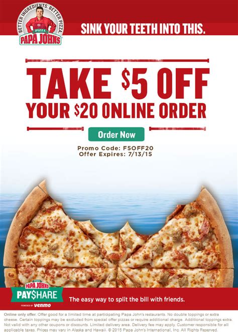 Coupon code for papa john's. Save up to 50% with 367 (active) Papa John's discount codes, good for May 2024. PapaJohns.com coupons, promotions, get 10% off, $50 off, free shipping, BOGO offers + cash back. ... Thanks to Papa John's coupon code, I got XL New York style pizza at a discounted price. coder2670576624834. 11 months ago. 