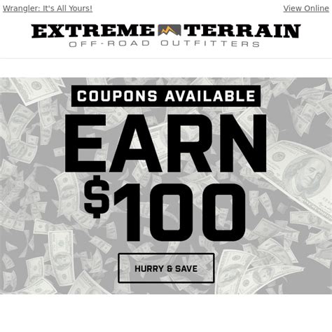 Coupon extreme terrain. Get Extreme Terrain Discount Code and find Black Friday Coupons & Deals. Check now for Today's best Extreme Terrain Promo Code: Let The Shopping Begin: Sale Up To 20% Off On All Products At Extreme Terrain! ... Sale Up To 20% Off On All Products At Extreme Terrain! Easter Big Sale OFF up to 75% Discounts are waiting for you to grab! … 