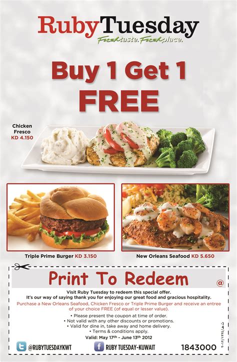 Coupons for ruby tuesday. 4/11 only! $8.99 any Smashed Burger or Patty Melt New French Quarter Chicken & Shrimp $9.99 Weekend Deals Friday-Sunday New Hickory Bourbon Pork Chop New Spring Menu New Rib Eye and Ribs 7 deals New Scallops Dinner New Shrimp Scampi New Rib Eye and Scallops Combo Free Kids meal after 5pm every Tuesday and all day Fridays with any … 