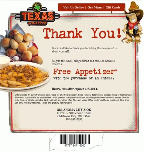 Coupons for texas roadhouse. Enjoy the legendary steaks and ribs of Texas Roadhouse at home with our convenient to-go service. Browse our digital menu and order online from our Oceanside, CA location. Don't miss our special offers and promotions. 