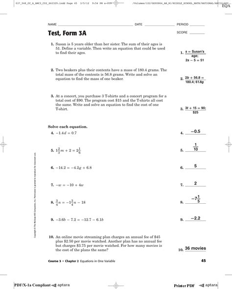 Course 3 chapter 2 equations in one variable test form 3a.  Define a v...