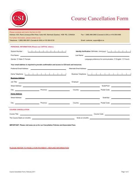 Course Cancellation Form Canadian Securities Institute