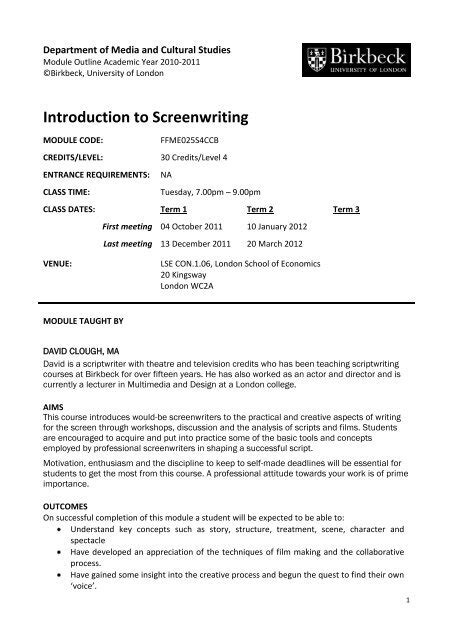 Course Search results: screenwriting - Birkbeck, University of …