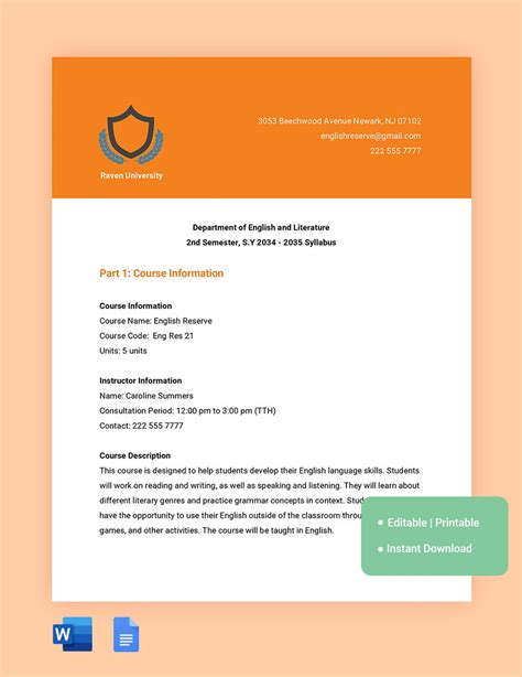 Course Syllabus Template Google Docs, Word