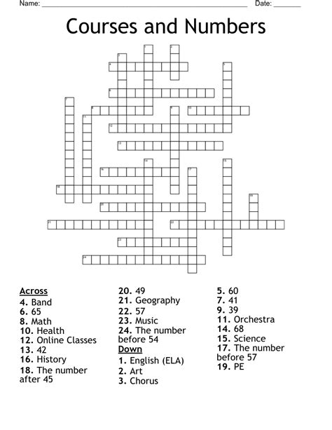 Courses and Numbers Crossword WordMint