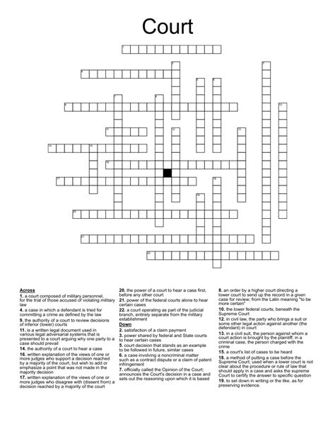 The Crossword Solver found 30 answers to "Said in court", 8 letters crossword clue. The Crossword Solver finds answers to classic crosswords and cryptic crossword puzzles. Enter the length or pattern for better results. Click the answer to find similar crossword clues.. Court crossword clue